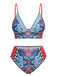 Blue 1940s Tribal Print V-Neck Swimsuit