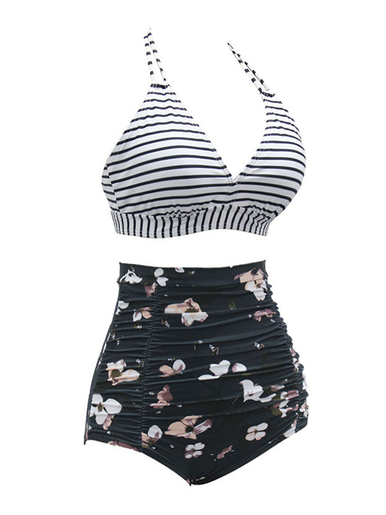 Black 1950s Halter Floral Stripes Swimsuit