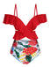 Red 1960s Ruffle Sleeves Tropical Plant Swimsuit
