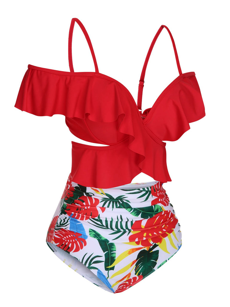 Red 1960s Ruffle Sleeves Tropical Plant Swimsuit