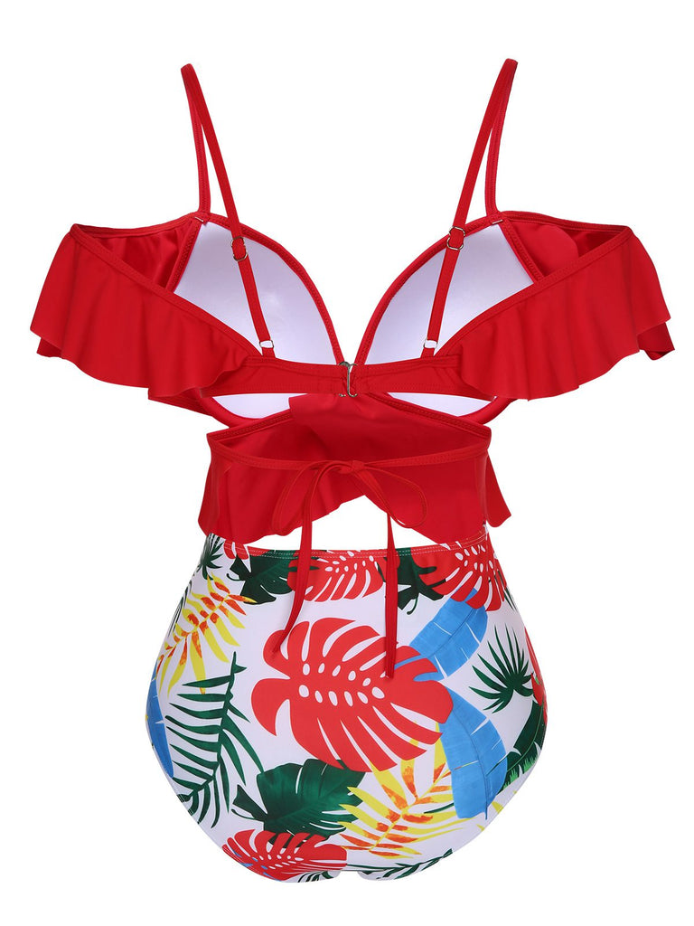 Red 1960s Ruffle Sleeves Tropical Plant Swimsuit