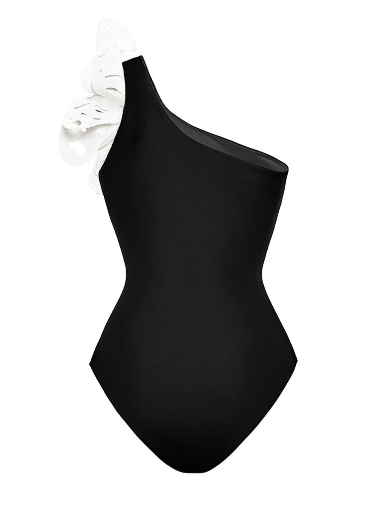 Black 1930s 3D-Butterfly One-Shoulder Swimsuit