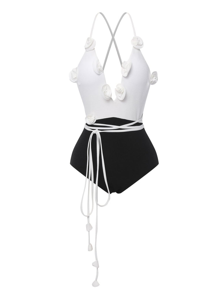 Black & White 1950s 3D Flowers Lace-Up Swimsuit