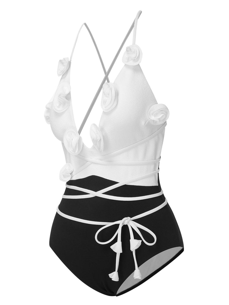 Black & White 1950s 3D Flowers Lace-Up Swimsuit
