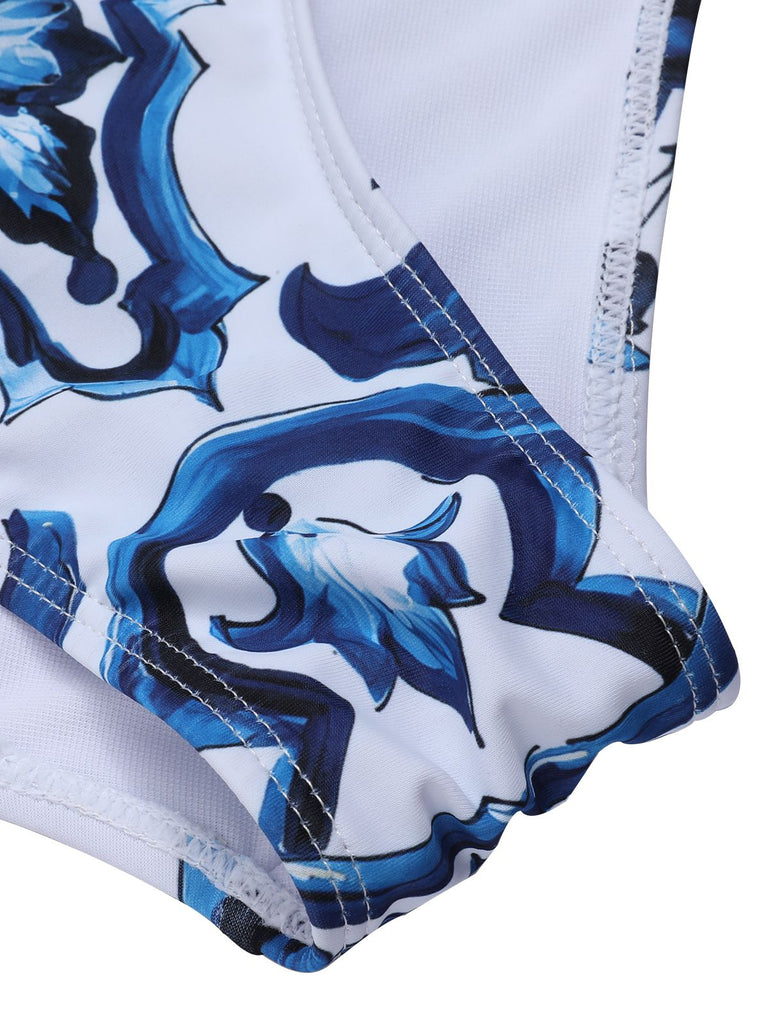 1930s Blue And White Porcelain Print One-Piece Swimsuit