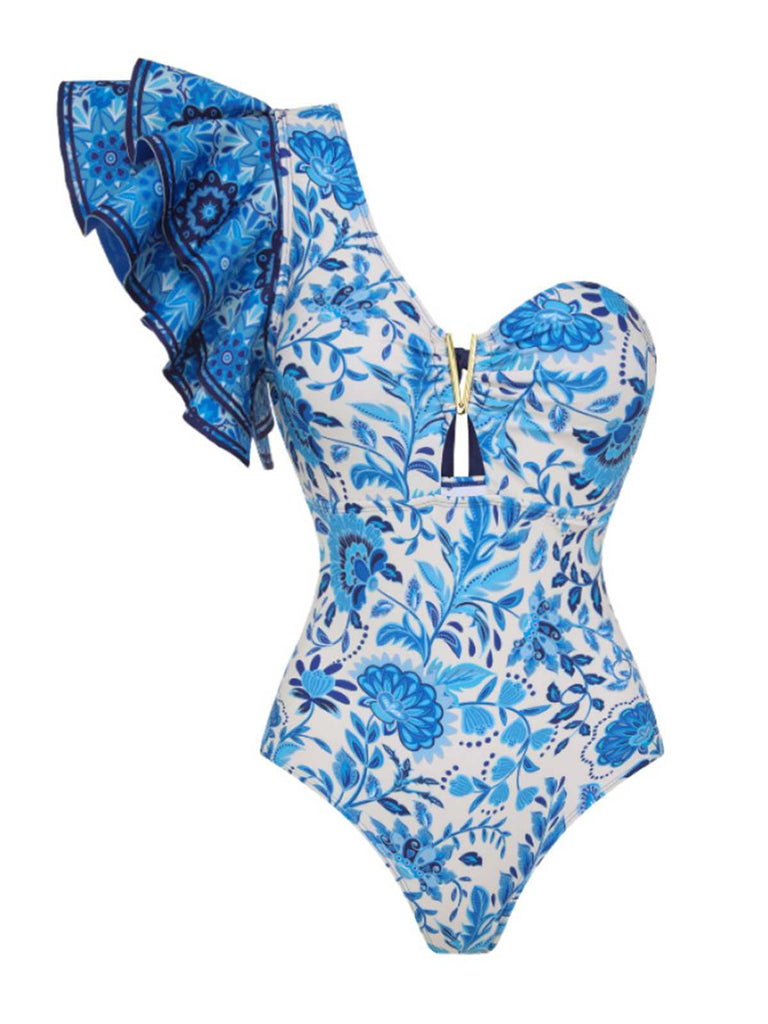 2PCS Blue 1950s One-Shoulder Print Swimsuit & Cover-Up