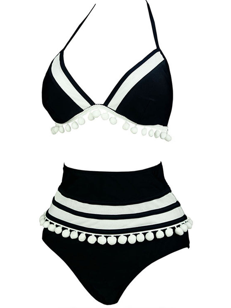 1970s Halter Patchwork Pom Pom Swimsuit