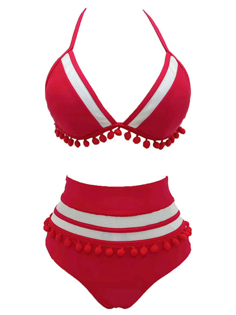 1970s Halter Patchwork Pom Pom Swimsuit