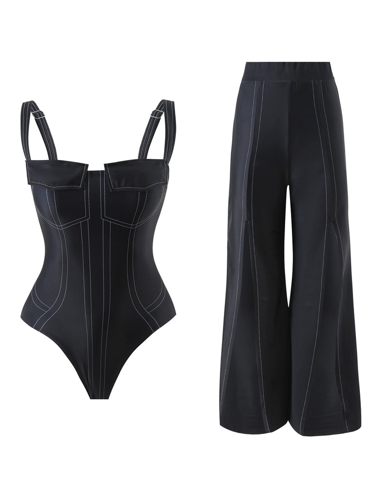 Black 1940s Gothic Straps One-Piece Swimsuit