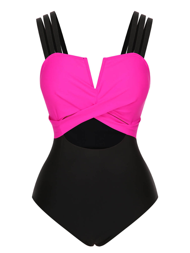 Black & Rose Red 1960s Color Block Swimsuit