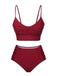Wine Red 1930s Solid Wrinkle Swimsuit