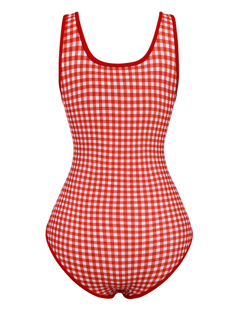 [Pre-Sale] Red 1950s Gingham Plaid Hollow One-Piece Swimsuit