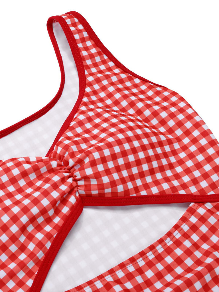 [Pre-Sale] Red 1950s Gingham Plaid Hollow One-Piece Swimsuit