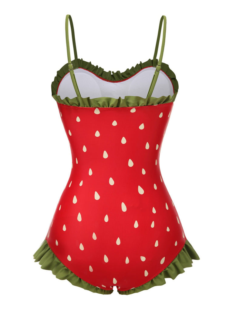 [Pre-Sale] Red 1950s Strawberry Spaghetti Straps Swimsuit