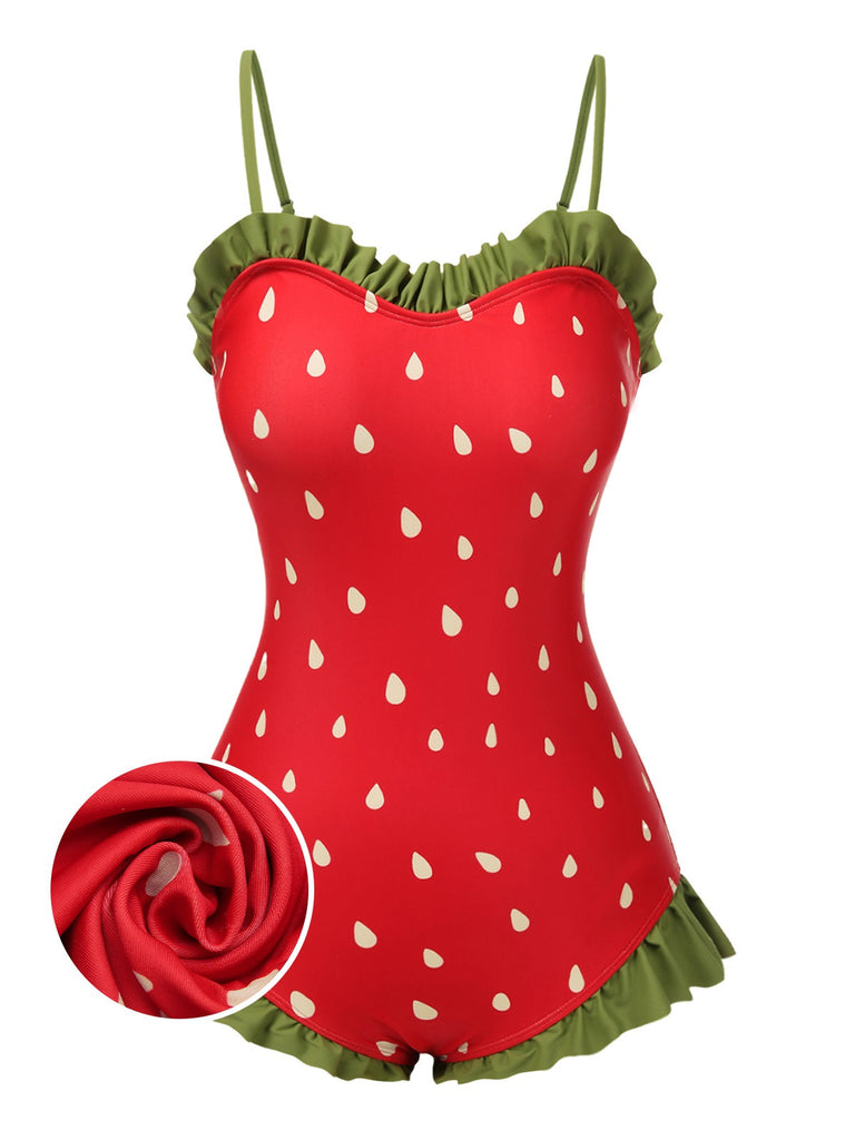 [Pre-Sale] Red 1950s Strawberry Spaghetti Straps Swimsuit