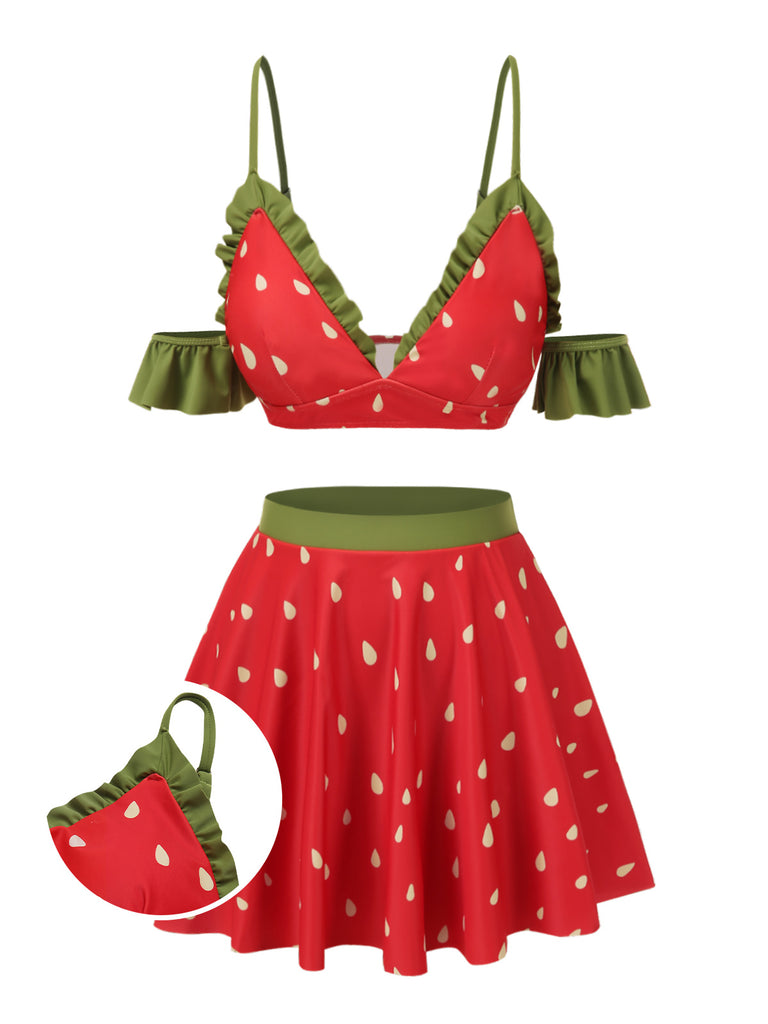 [Pre-Sale] Red 1950s Spaghetti Strap Ruffles Strawberry Swimsuit