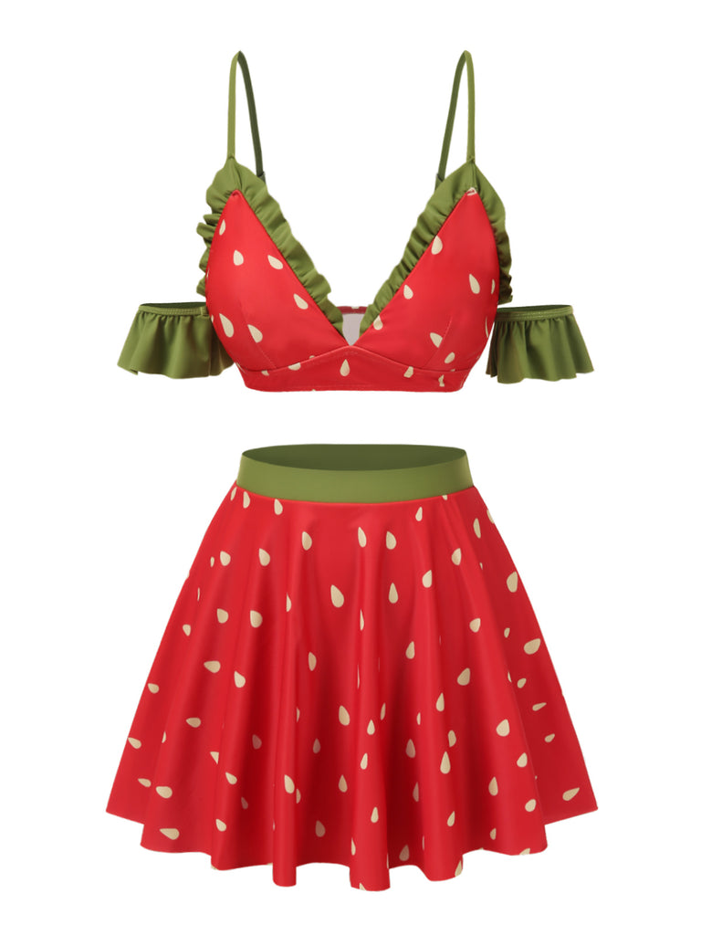 [Pre-Sale] Red 1950s Spaghetti Strap Ruffles Strawberry Swimsuit