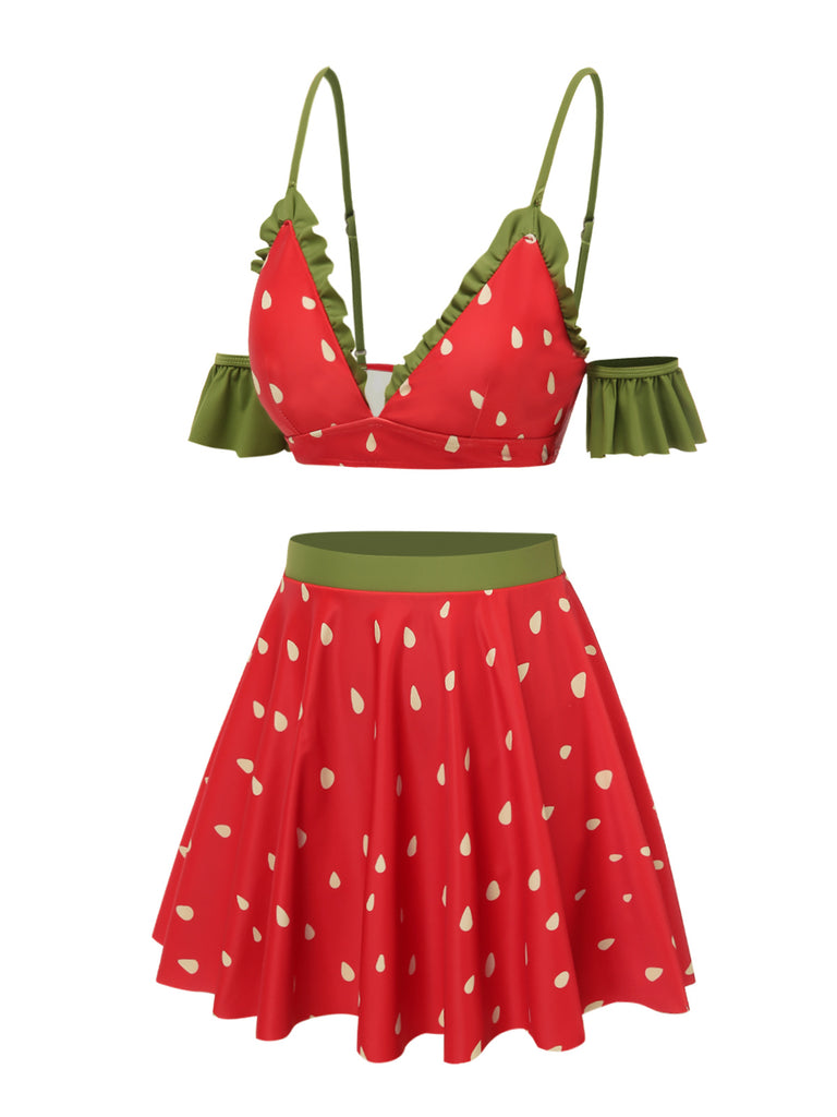 [Pre-Sale] Red 1950s Spaghetti Strap Ruffles Strawberry Swimsuit