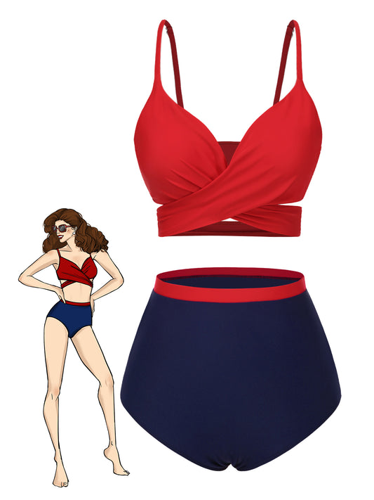 [Pre-Sale] Red 1930s Spaghetti Strap Color Block Swimsuit