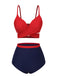 Red 1930s Spaghetti Strap Color Block Swimsuit