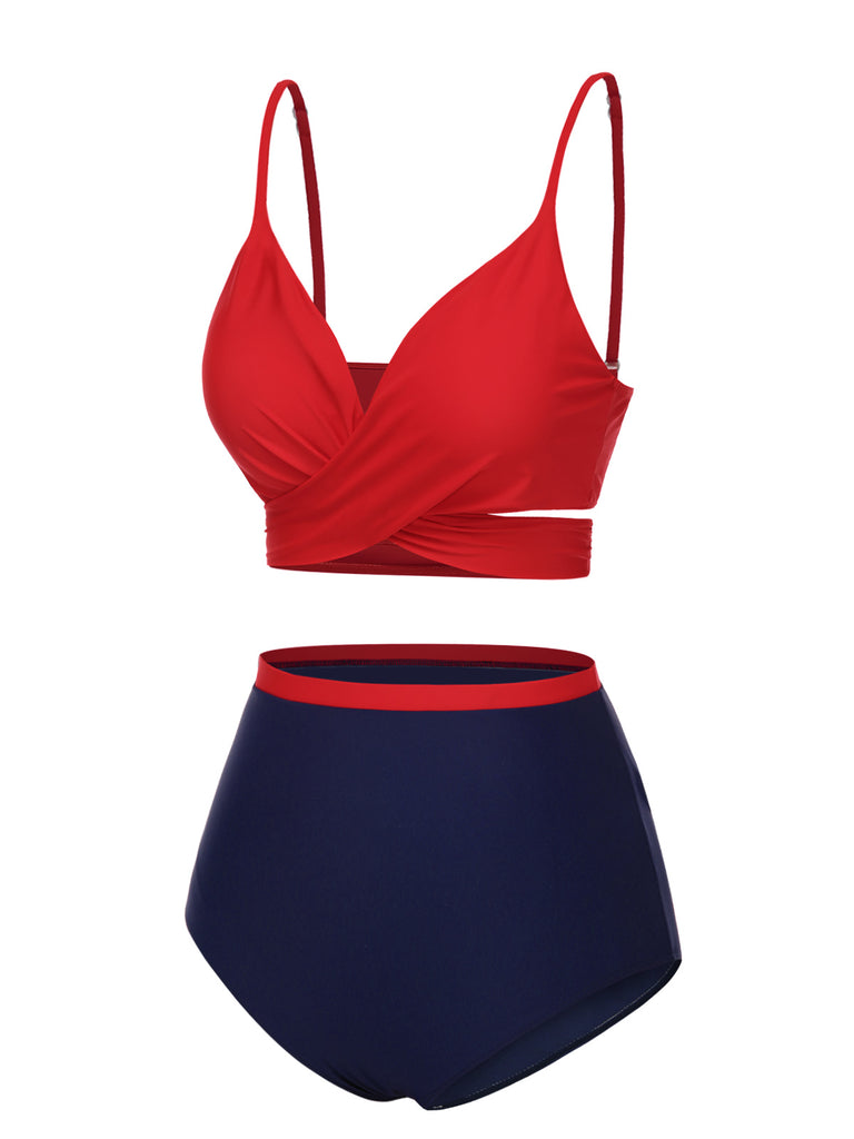 [Pre-Sale] Red 1930s Spaghetti Strap Color Block Swimsuit