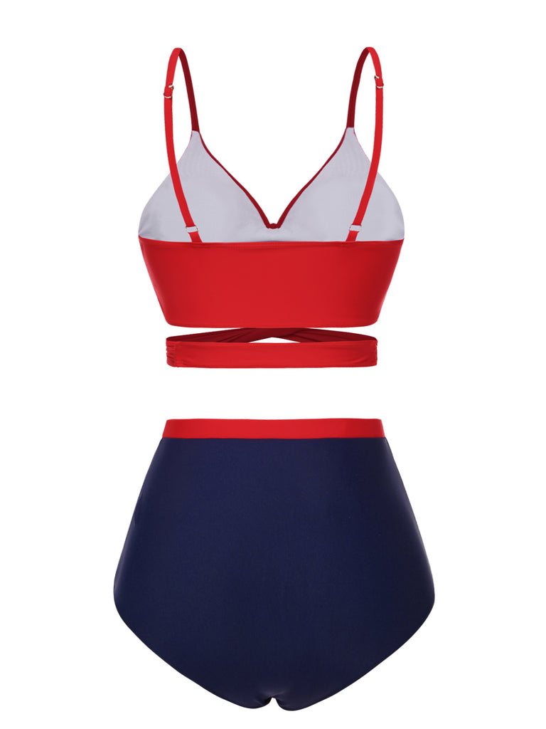 [Pre-Sale] Red 1930s Spaghetti Strap Color Block Swimsuit