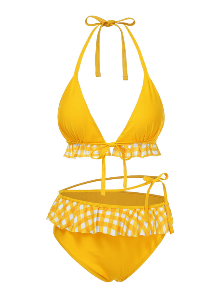 [Pre-Sale] 2PCS Yellow 1950s Plaid Ruffle Bikini Set & Cover-Up