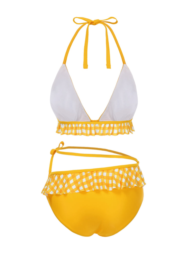 [Pre-Sale] 2PCS Yellow 1950s Plaid Ruffle Bikini Set & Cover-Up