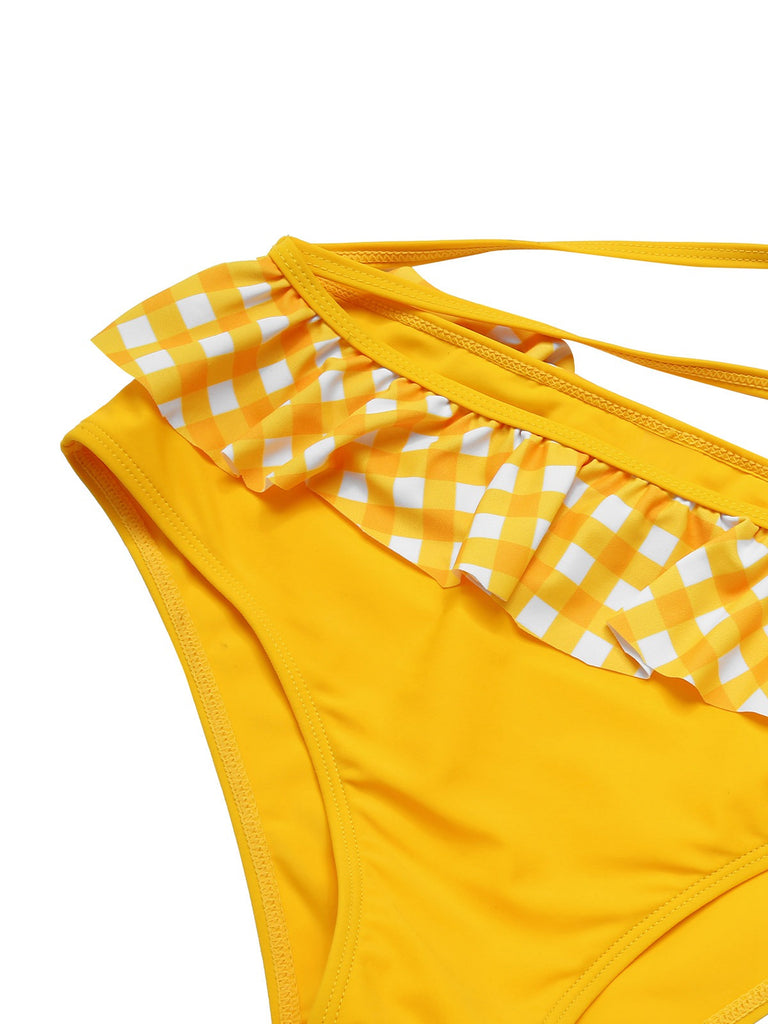 [Pre-Sale] 2PCS Yellow 1950s Plaid Ruffle Bikini Set & Cover-Up