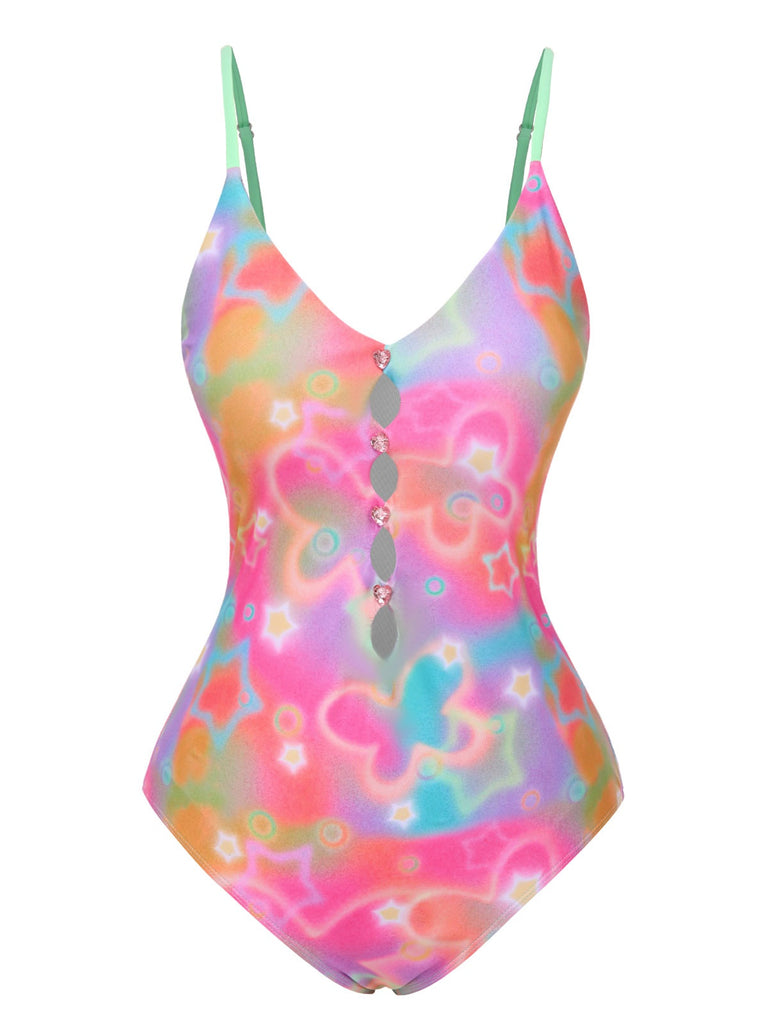 [Pre-Sale] Pink 1970s Dreamy Cartoon Hollow Straps Swimsuit