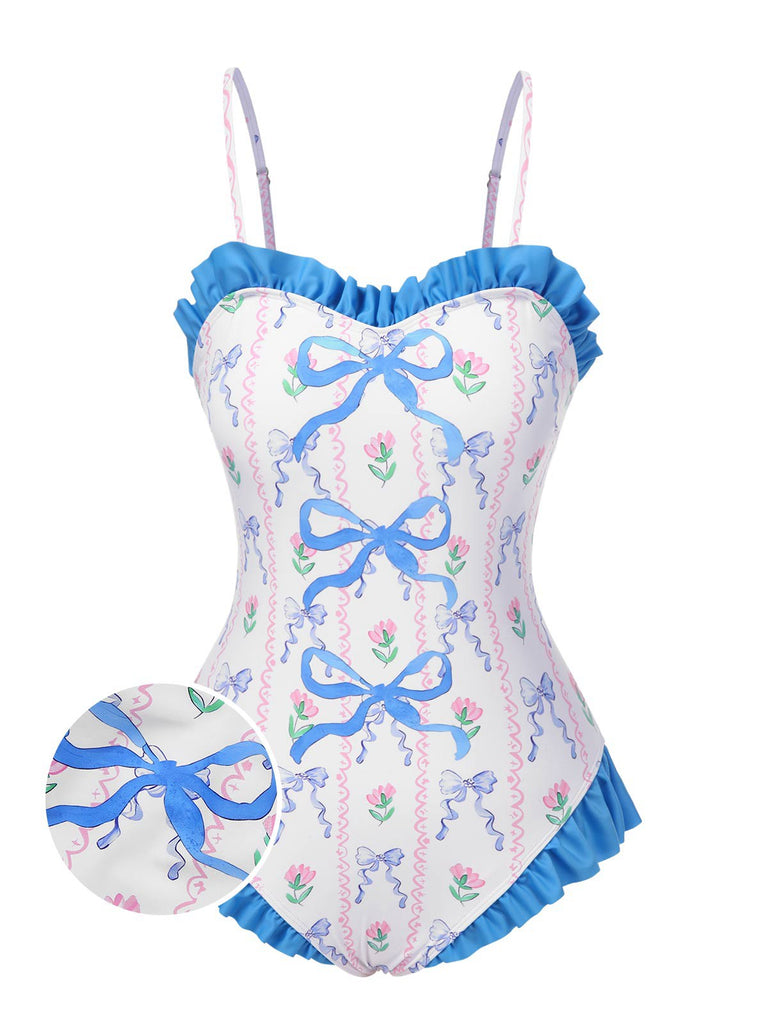 [Pre-Sale] Blue 1970s Bowknots Floral Ruffle Straps Swimsuit