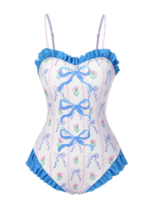 [Pre-Sale] Blue 1970s Bowknots Floral Ruffle Straps Swimsuit