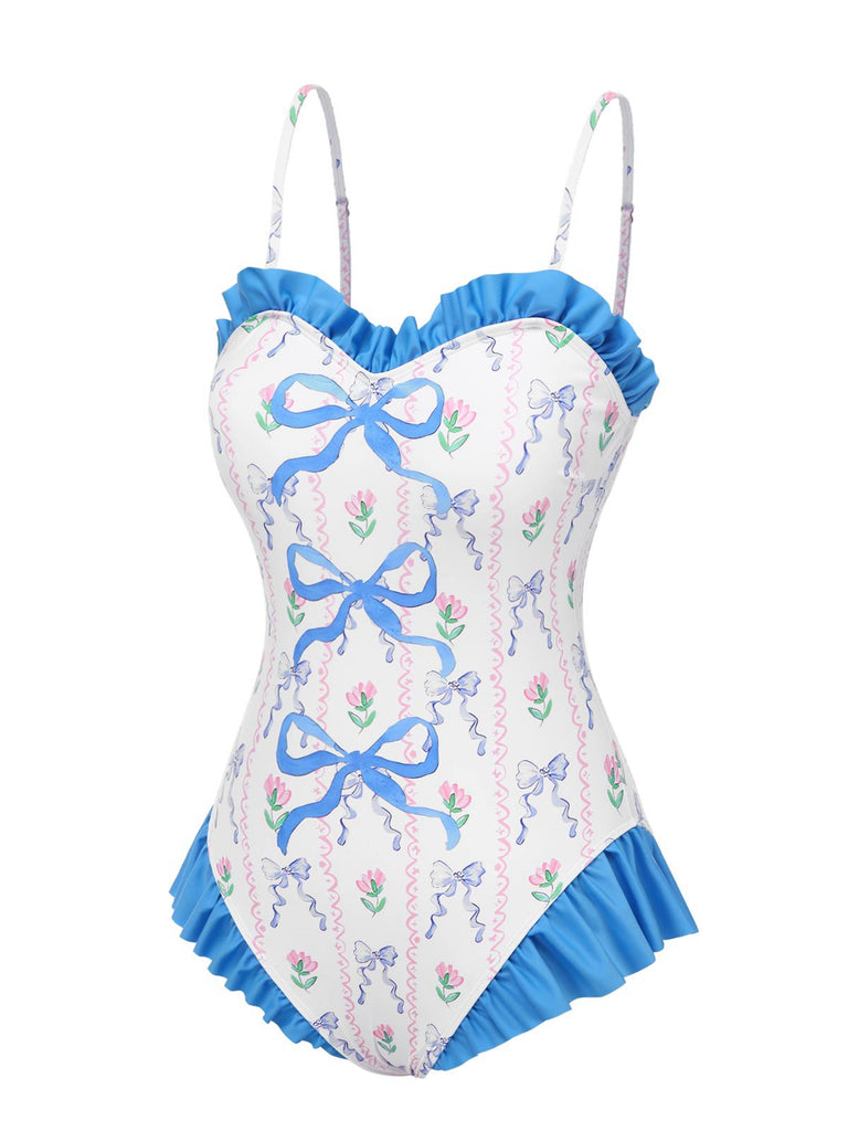 [Pre-Sale] Blue 1970s Bowknots Floral Ruffle Straps Swimsuit