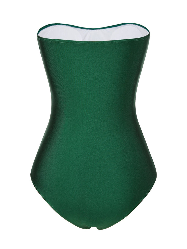 [Pre-Sale] Dark Green 1970s Solid Pleated Bandeau Swimsuit