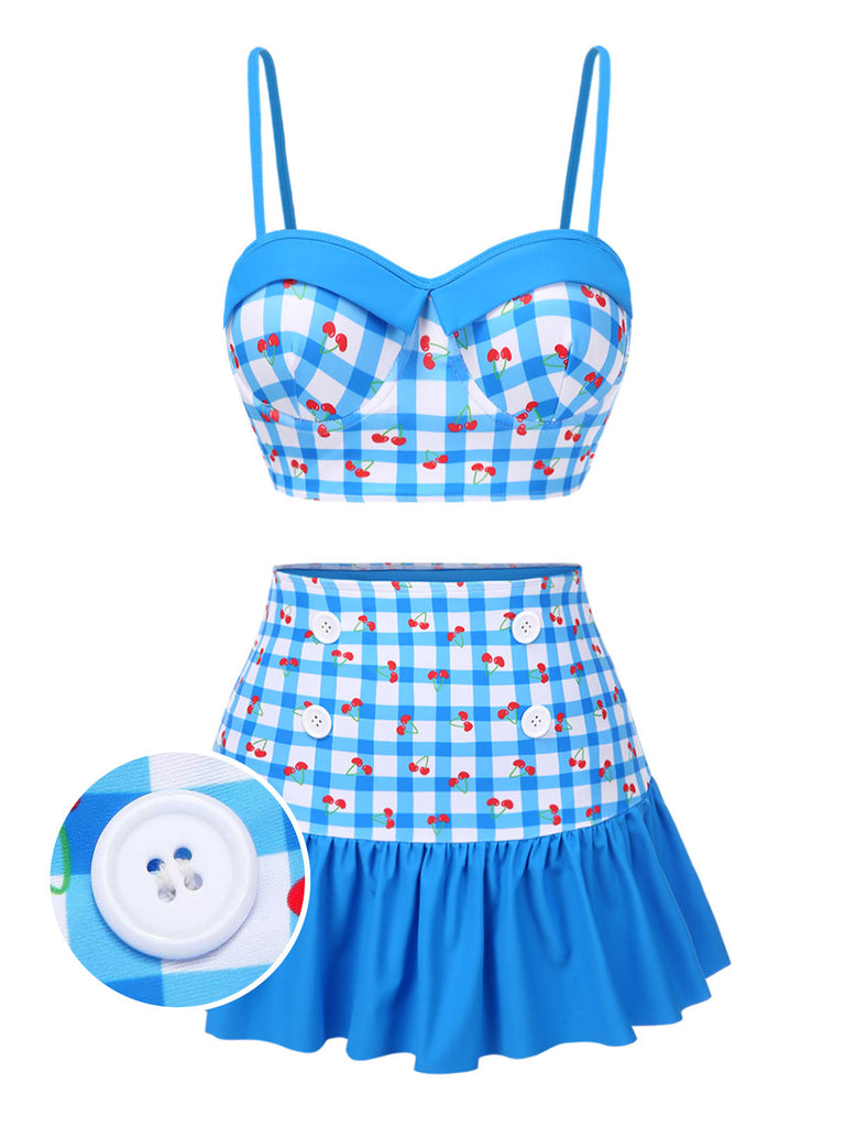 [Pre-Sale] Blue 1930s Spaghetti Strap Gingham Cherry Swimsuit