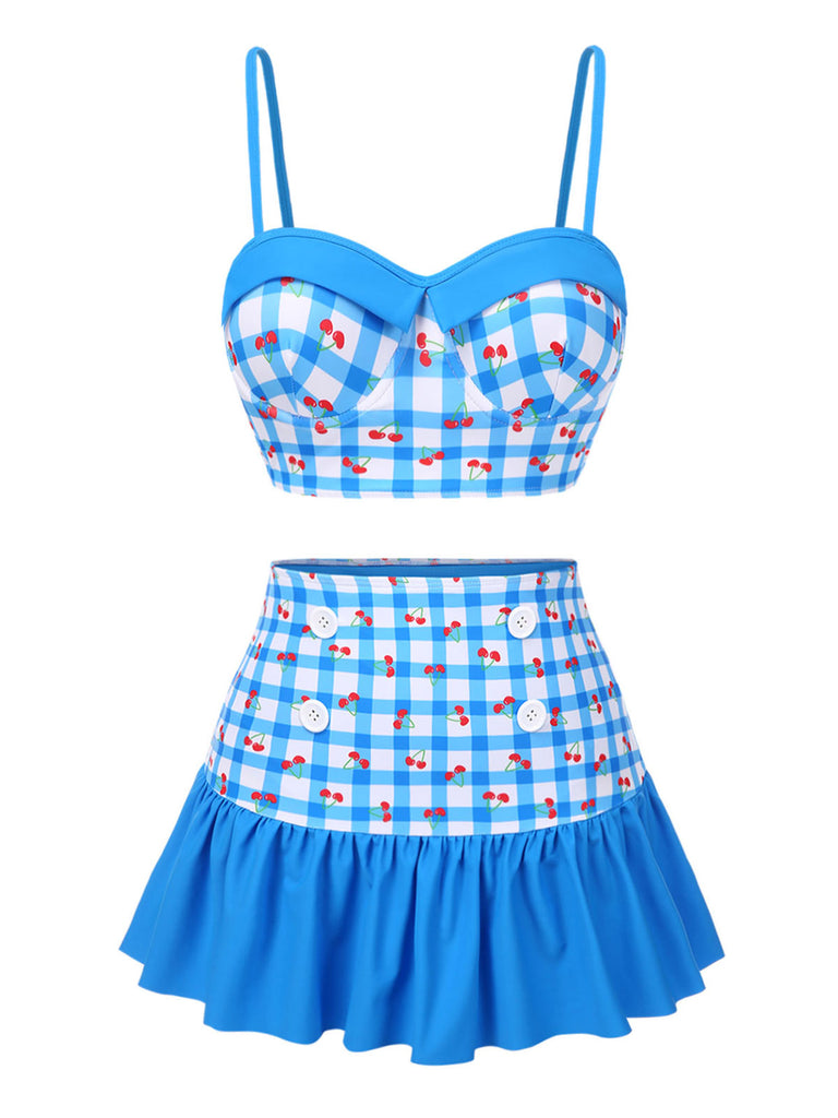 [Pre-Sale] Blue 1930s Spaghetti Strap Gingham Cherry Swimsuit