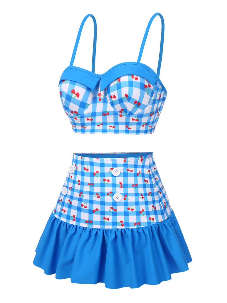 [Pre-Sale] Blue 1930s Spaghetti Strap Gingham Cherry Swimsuit