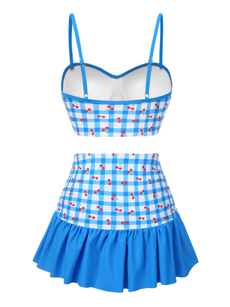 [Pre-Sale] Blue 1930s Spaghetti Strap Gingham Cherry Swimsuit