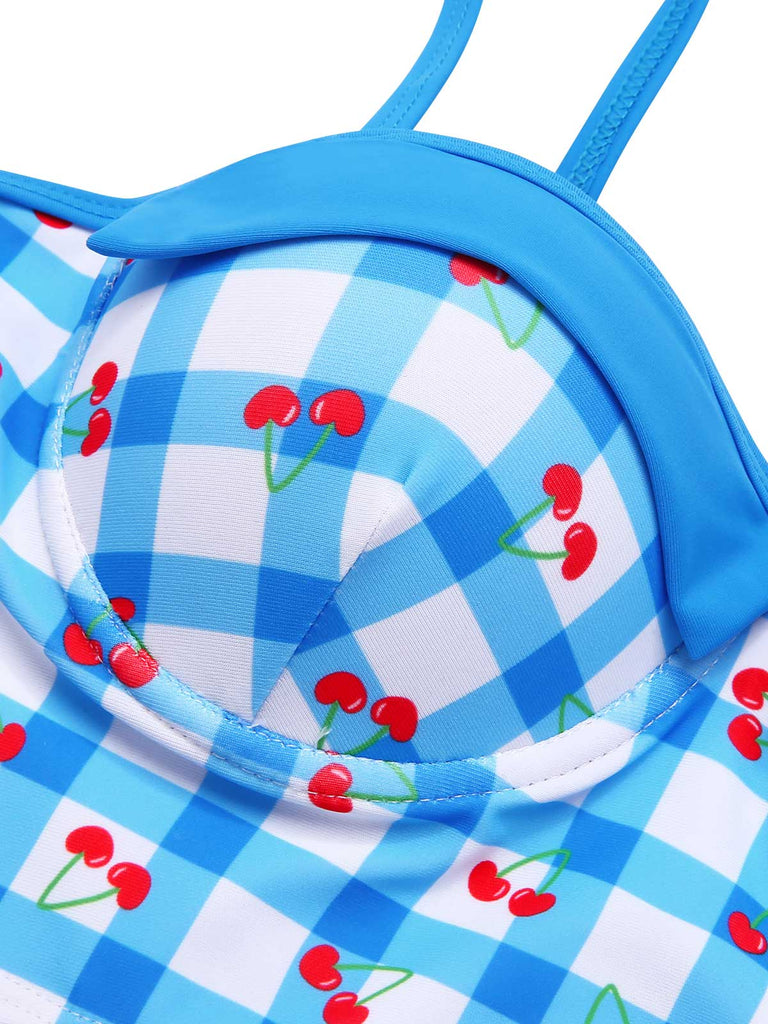 [Pre-Sale] Blue 1930s Spaghetti Strap Gingham Cherry Swimsuit