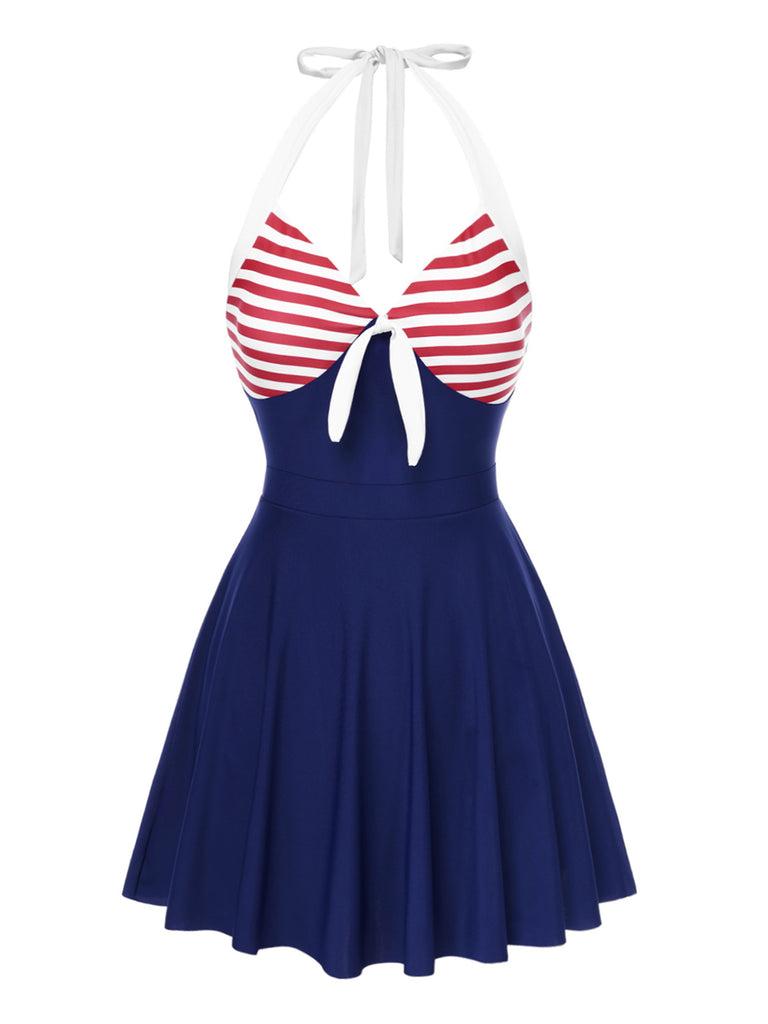 [Pre-Sale] 1940s Halter Red White Stripes One-Piece Swimsuit