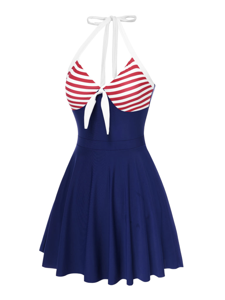 [Pre-Sale] 1940s Halter Red White Stripes One-Piece Swimsuit