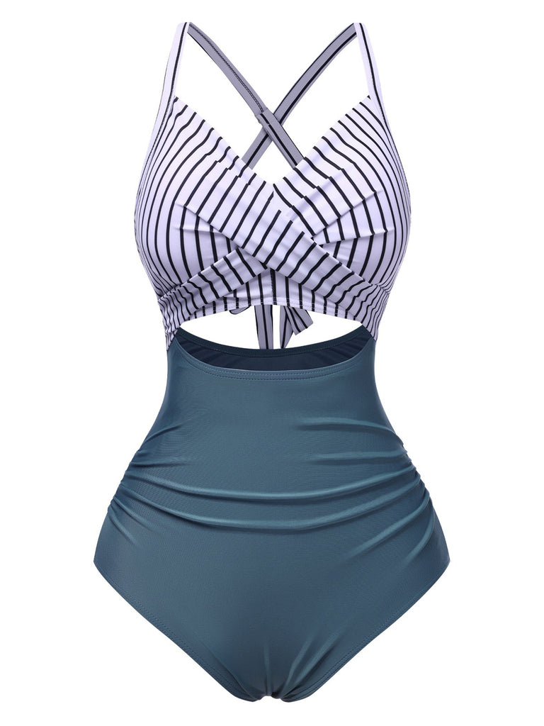 Blue 1940s Stripe Patchwork Hollow One-Piece Swimsuit