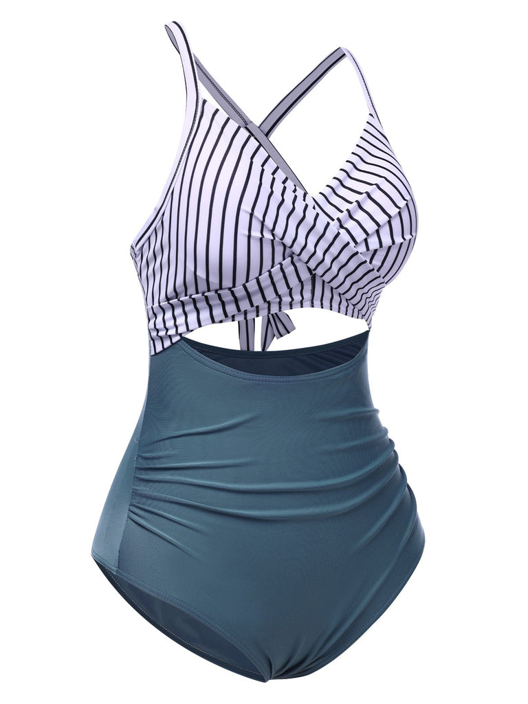 Blue 1940s Stripe Patchwork Hollow One-Piece Swimsuit