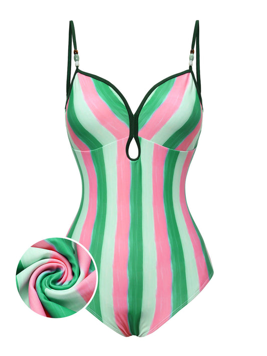 [Pre-Sale] Green 1970s Striped One-Piece Swimsuit