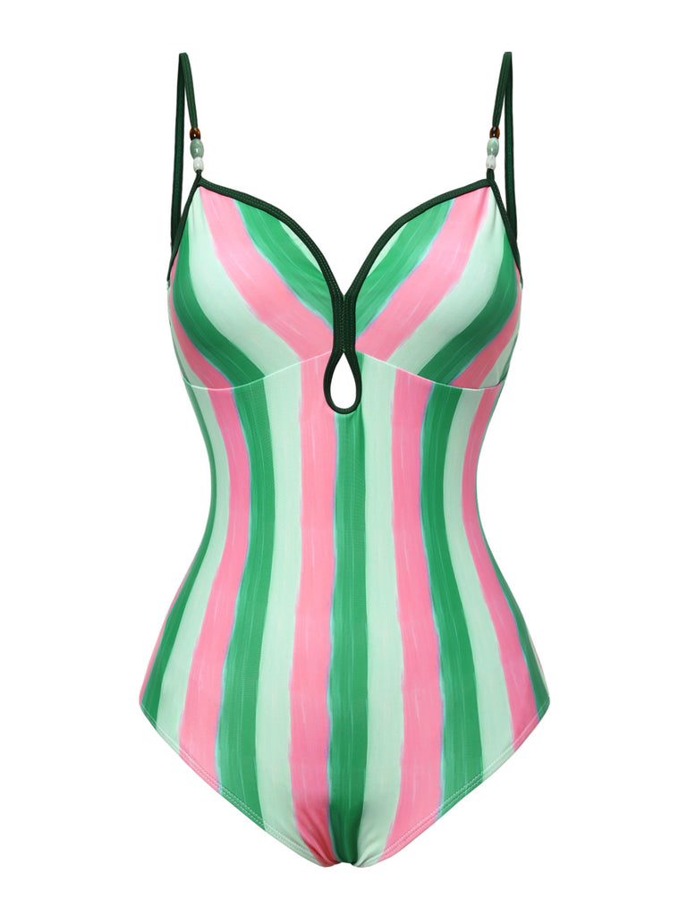 [Pre-Sale] Green 1970s Striped One-Piece Swimsuit