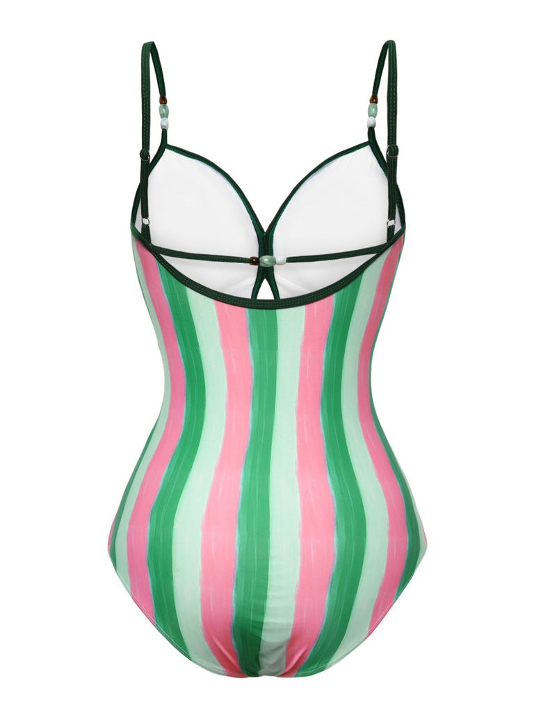 [Pre-Sale] Green 1970s Striped One-Piece Swimsuit