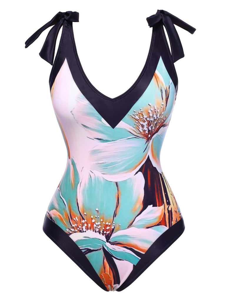 Blue 1950s Floral Patchwork Shoulder Tie Swimsuit