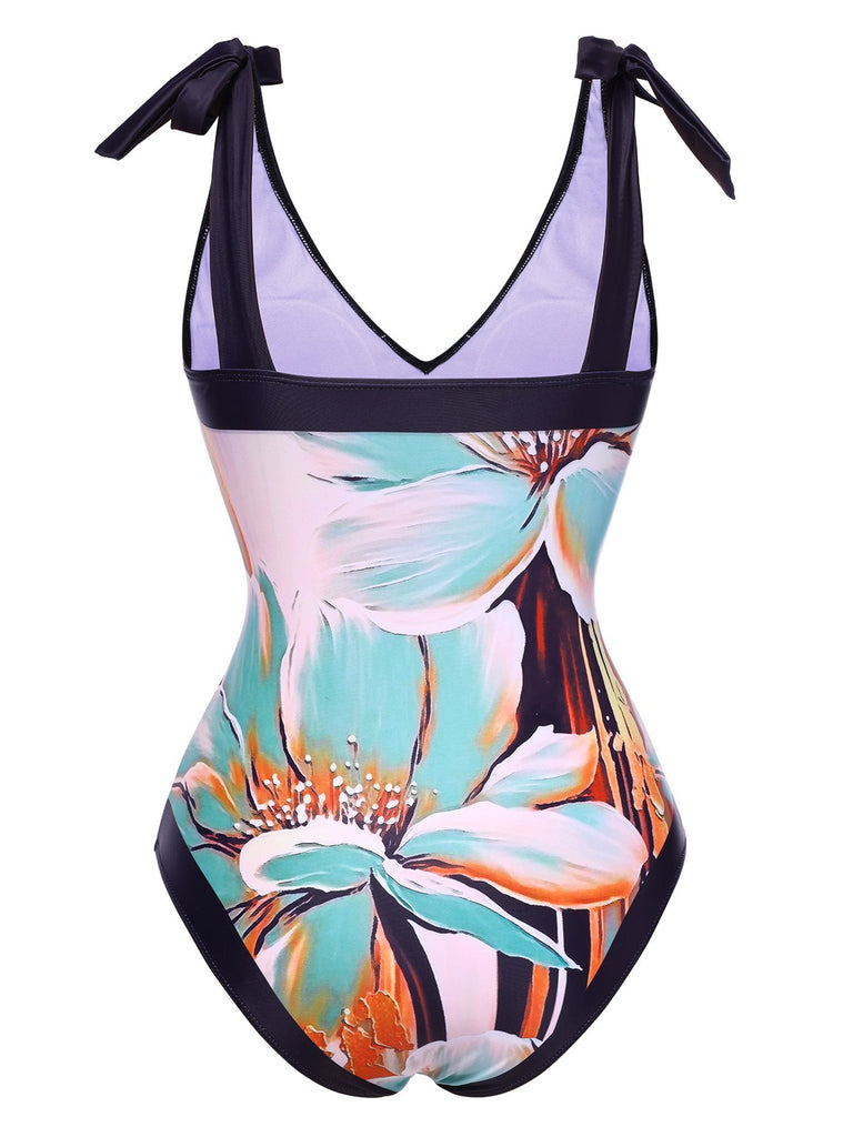 Blue 1950s Floral Patchwork Shoulder Tie Swimsuit