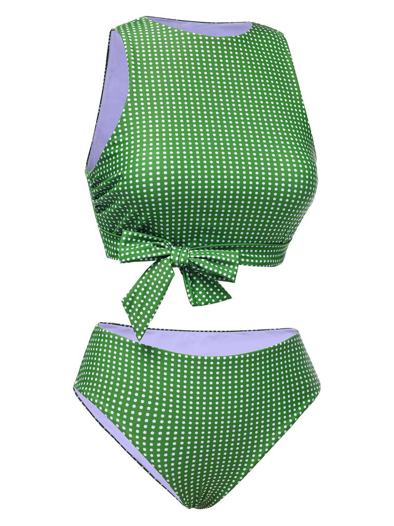 Green 1950s Polka Dots Bow Swimsuit