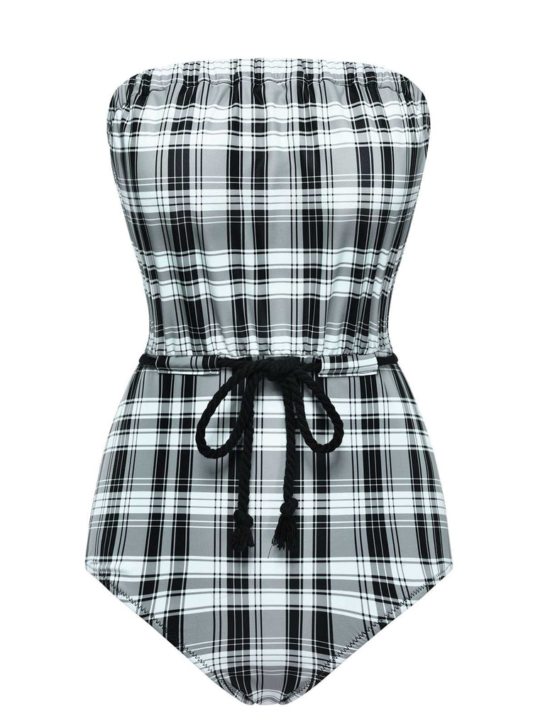 1950s Strapless Plaids One-Piece Swimsuit